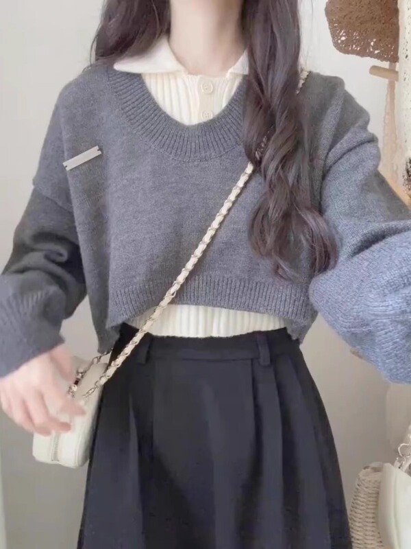 学院风短款POLO领毛衣女春秋高腰设计感两件套针织上衣2025年新款|undefined