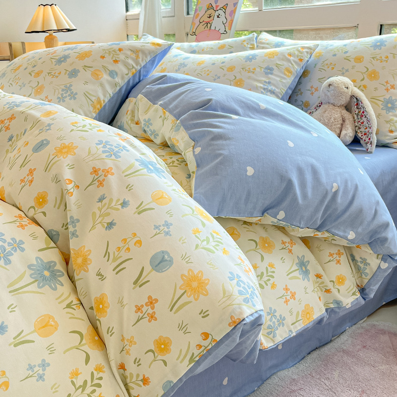 Cama de algodón cuatro piezas de sábanas de algodón cubierta dormitorio único pequeño fresco tres piezas de Nantong ropa de cama al por mayor