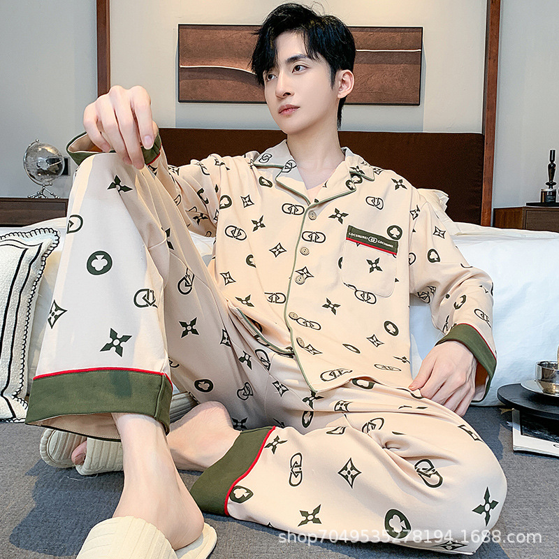 High-End High-Quality Cotton Pajamas Men's Spring and Autum Long-Sleeved Men's Youth Large Size Casual Autum and Winter Home Wear Set