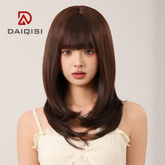 Trendy Online Celebrity Wholesale Women's Long Straight Hair Full Wig with Inner Curled Air Bangs—Elegant, Age-Defying, & Fluffy New Style Synthetic Hairpiece