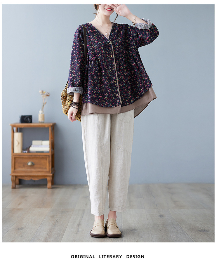 350g Weight Long Sleeve Sleeve Length Single Breasted Placket Type Regular Sleeve Sleeve Type Printing, Cotton and Linen, Hemp Fabric Type Ordinary Model (50cm <Length ≤ 65cm) Top Length Fake two-piece set, Shirt Tops Type V Neck Neckline Loose Fit Type Floral Pattern Temperament Commuter, Commute style Style Printing Craft Autumn 2025 Women's Floral V-neck Open Cardigan Fake Two-Piece Loose Cotton Linen Plus Size Shirt Elegant Commute Style 6