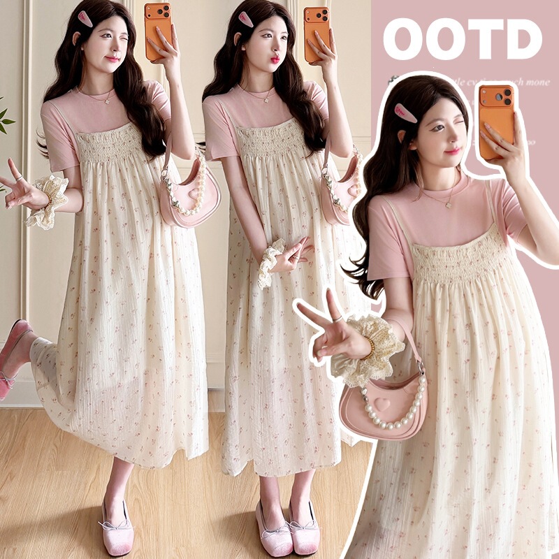 Real Shot of the 2026 Spring/Summer Cute Floral Slip Dress Maternity Wear Slip Dress with T-Shirt Two-Piece Set
