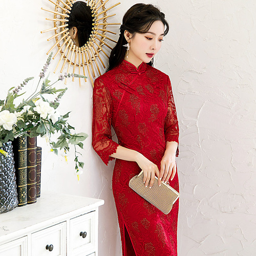 Ladies Elegant Chinese dresses oriental lace qipao dresses Ladies Cheongsam Three-quarter Sleeve banquet Evening Party Dress