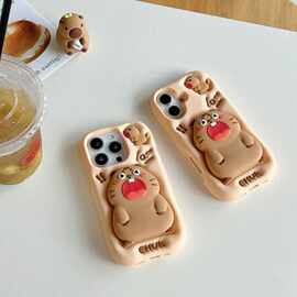适用iPhone16卡通俏皮呐喊土拨鼠3D硅胶带伸缩支架海绵柔软手机壳