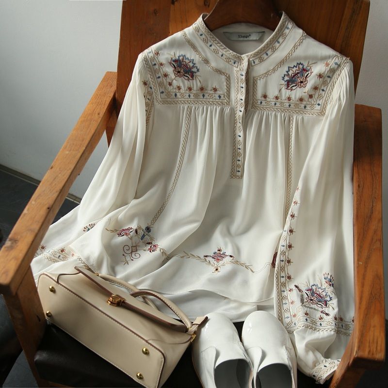 Fashionable Versatile Printed Shirt Women's 2024 Spring and Autumn New Bohemian Style Loose Stylish Top with Vertical Collar Fashionable Versatile Printed Shirt Women's 2024 Spring and Autumn New Bohemian Style Loose Stylish Top with Vertical Collar