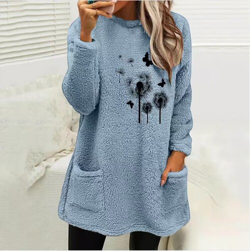 Autumn and winter European and American women's dress round neck loose long-sleeved pockets dandelion embossed double-sided velvet sweater for women