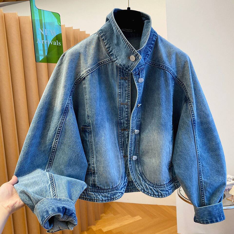 Áo khoác denim nữ dáng rộng cổ bẻ phong cách retro, tay dài, mùa thu — Màu xanh dương