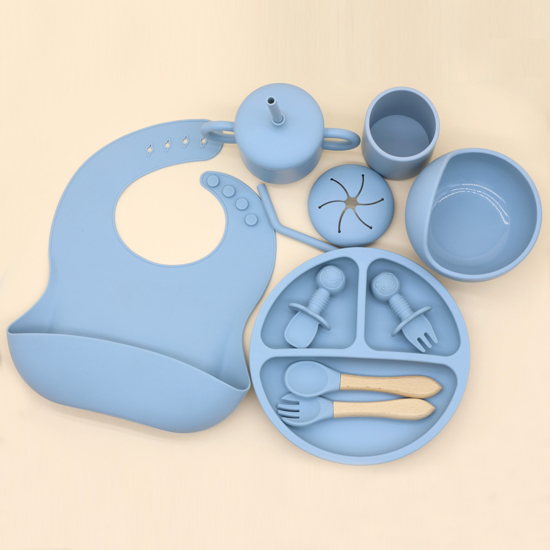 Conjunto de cubiertos de silicona para bebés transfronterizos Baodle Bowl Paws Cups and Fork Multiple Pieces Conjunto de platos de comida suplementaria cubiertos de alimentación