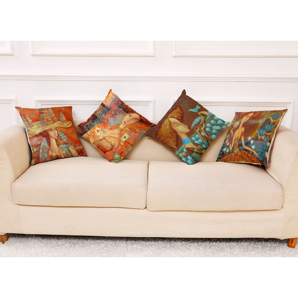 亚马逊eBay新款艺术女孩棉麻抱枕套 汽车抱枕 办公室午睡抱枕批发