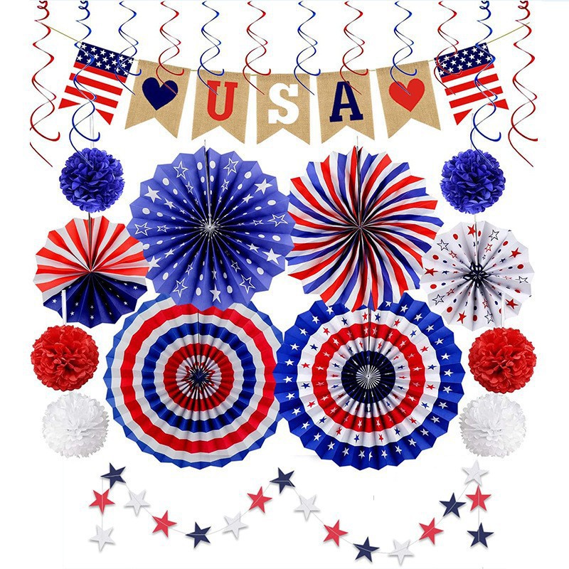Cross-Border American Independence Day Party Flag Paper Fan Set Red Blue White Usa Banner Flag Star Paper String Decoration