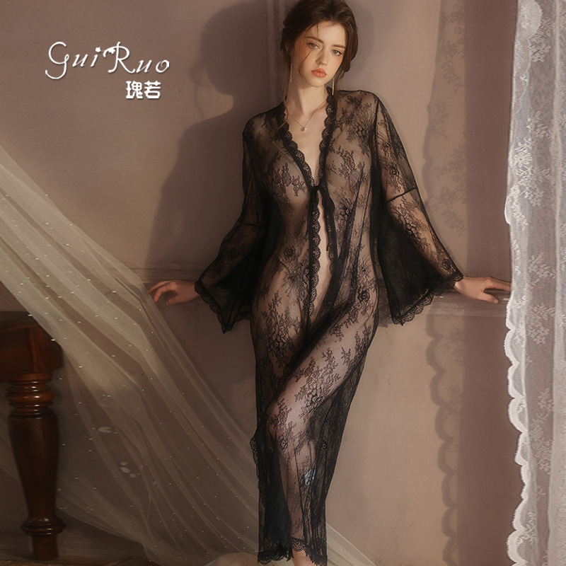 Guiruo Sexy Lingerie, Sexy See-Through Lace Deep V-Neck Lace-Up Pure Desire Nightgown Outer Robe Long Set 5718