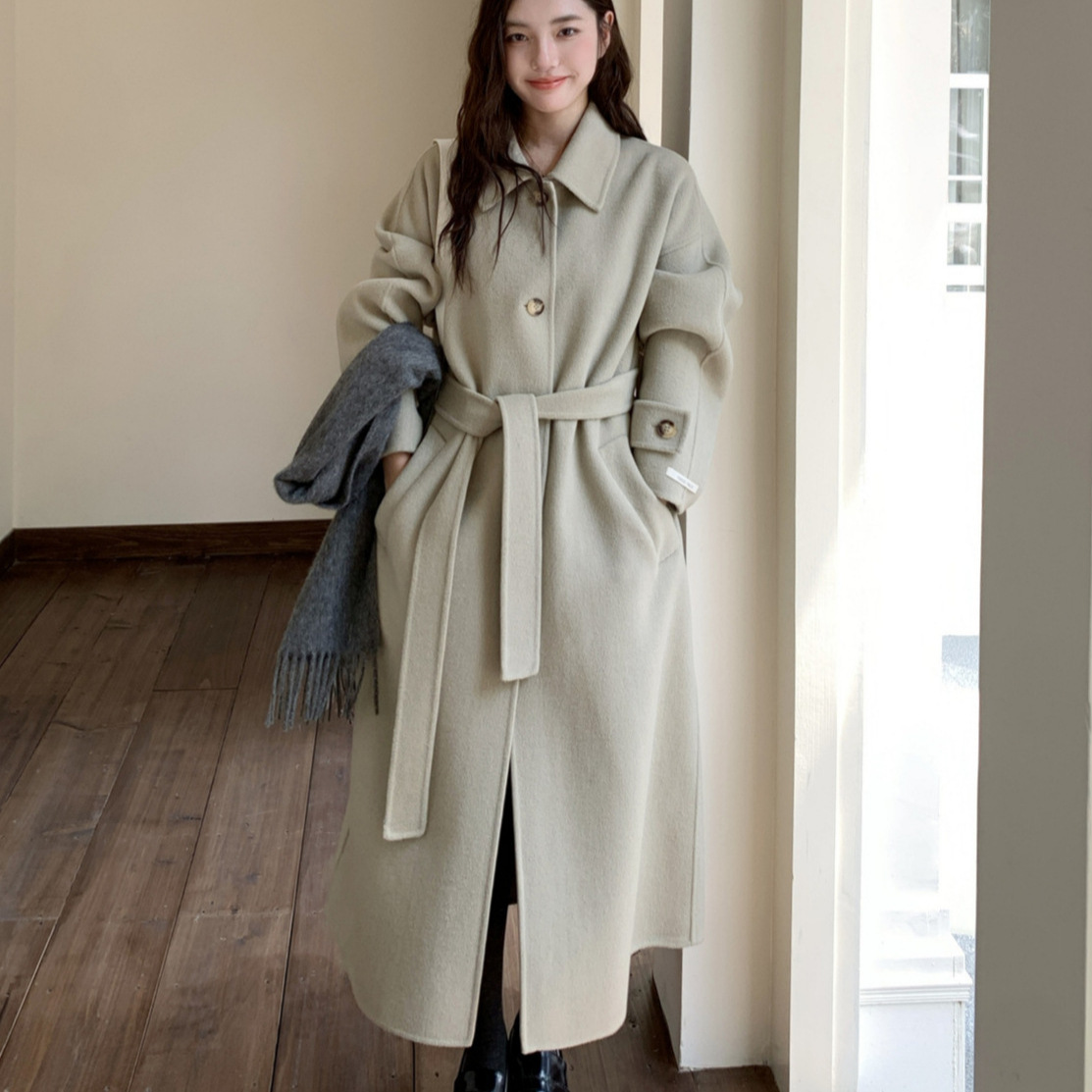 Q033 Korean Dongdaemun Retro Elegant Double-Sided Hand-Sewn Wool Outwear for Women's Daily Work Clothing Versatile Woolen Outwear