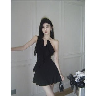 Hepburn Style Pure Desire Chain Neck Hanging Strap dress Women's Small Black Dress Short Dress Open Shoulder Ruffled Skirt