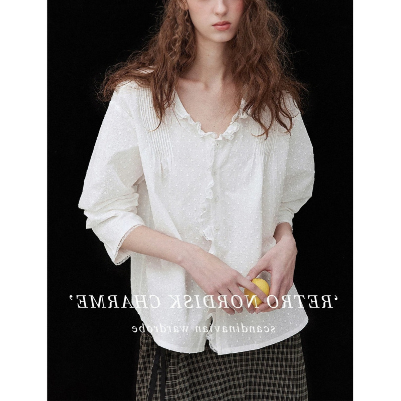 Le Wild Strawberry' 2026 Spring Romantic Ruffled Embroidered Lace Deep V-Neck Gentle Cotton Shirt for Women