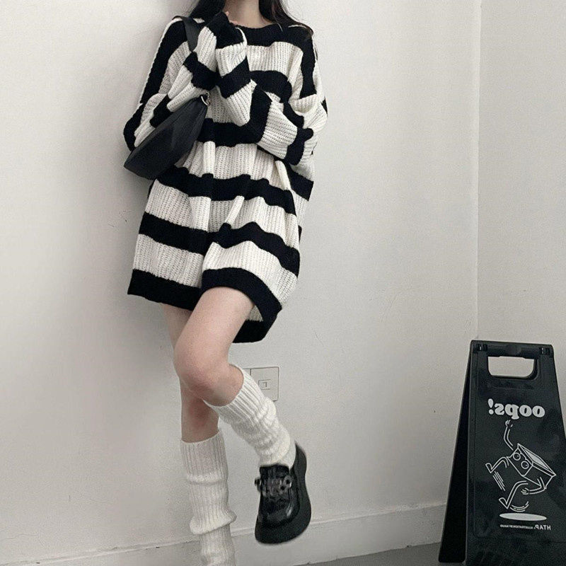 Plus Size Striped Knit Sweater Mid-Length Women's Lazy Style Missing Bottom Ripped Thin