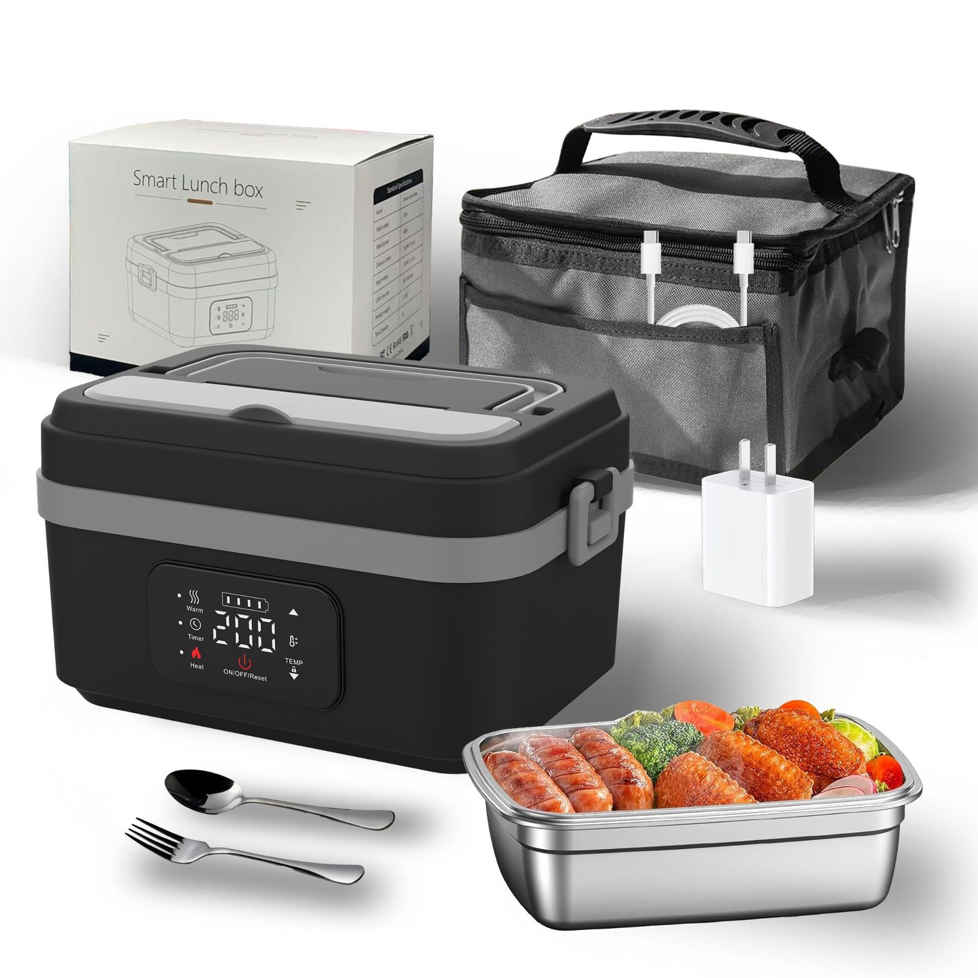 Caja de almuerzo de calentamiento 304 caja de almuerzo de acero inoxidable sin inyección de agua caja de almuerzo caliente enchufable USB portátil aislamiento térmico artefacto de comida caliente