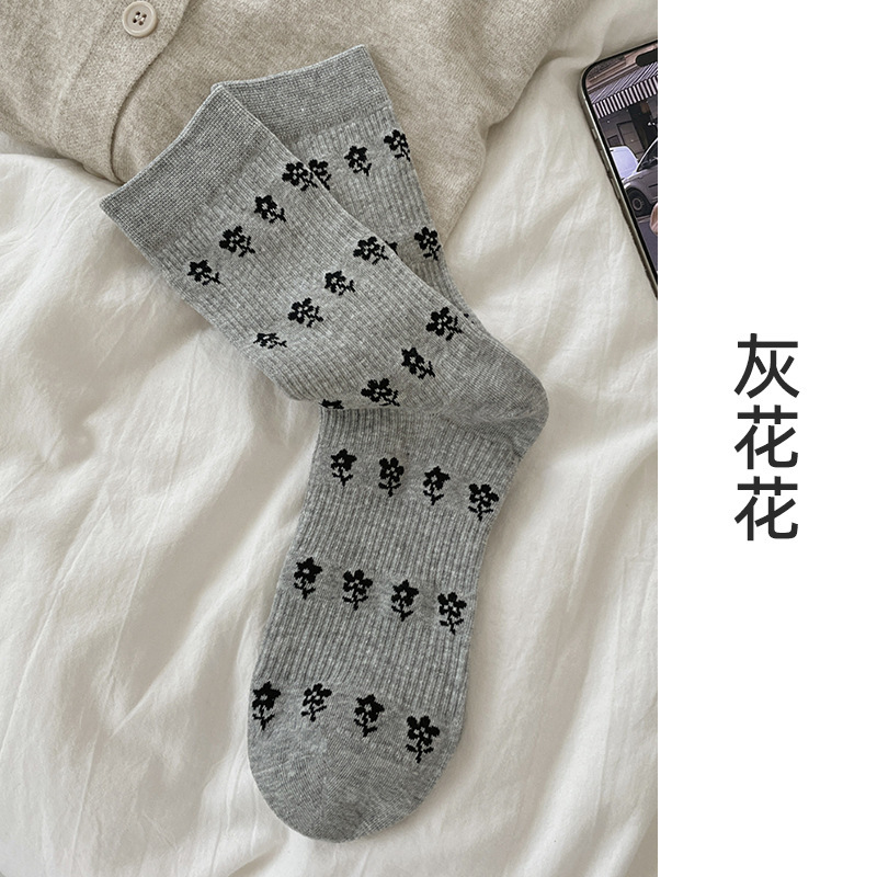 suxinaimin灰色袜子女中筒袜ins潮秋冬miu系小花堆堆袜蝴蝶结长袜|undefined