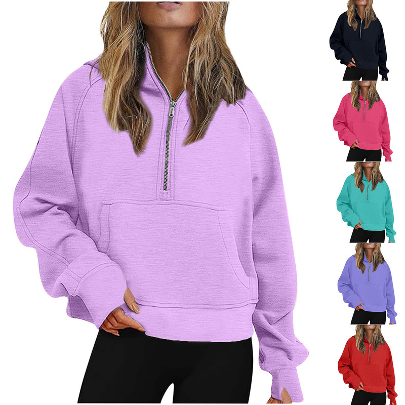 Cross-border Amazon Autumn and Winter New Women's Sports Half Zipper Yoga Clothes Loose Short Hooded Sweater Sweater