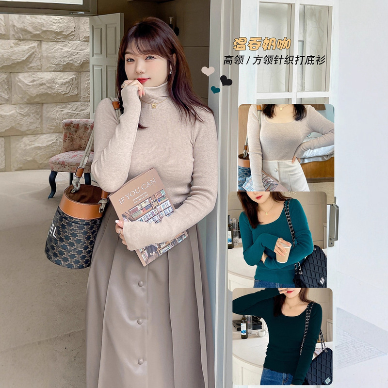 In Stock 2025 Autumn and Winter Pure Color Large Size High Collar/Square Collar Small Sweater Fat mm Bottoming Shirt K1674/1675