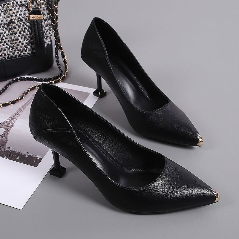 Fuego francés negro puntual zapatos de tacón alto superficial zapatos para mujeres 2026 nuevo tacones de primavera zapatos casuales