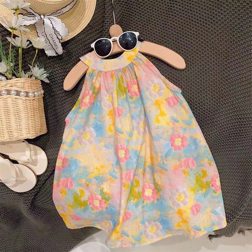 Girls summer skirt flower sleeveless vest dress 24 summer clothes new foreign trade children's clothing drop shipping 3-8 years old