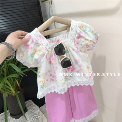 女童洋氣時髦夏裝新款網紅兒童甜美碎花蕾絲套裝薄款短袖衣服外貿