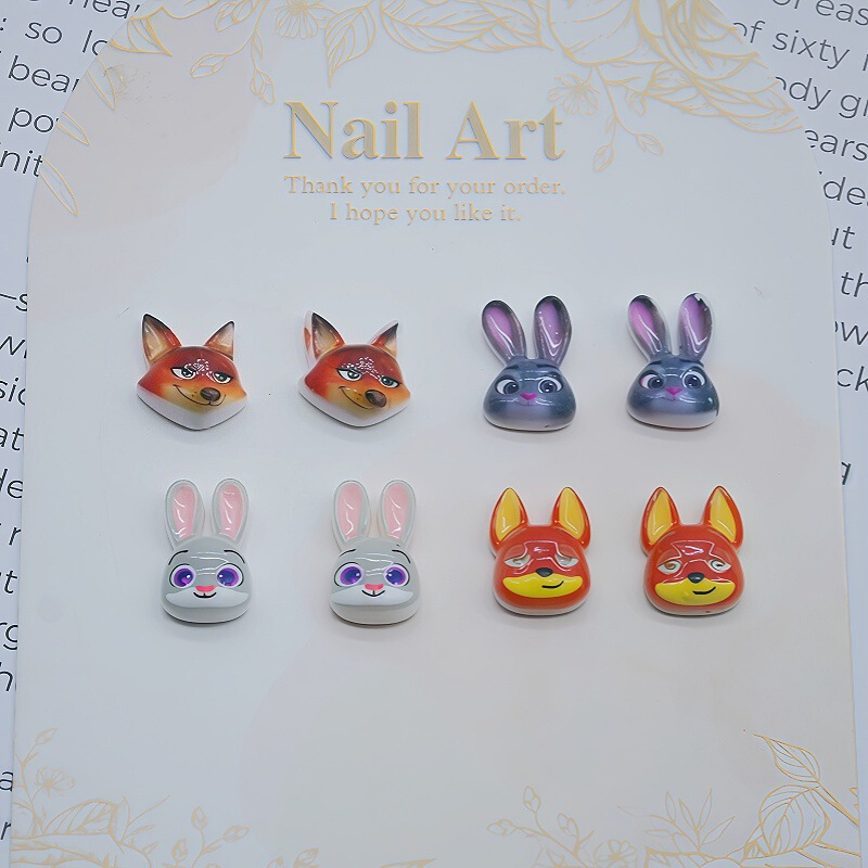 Popular Zootopia Cartoon Nail Art Accessories Cute Three-Dimensional Long-Eared Rabbit Fox Anime Resin Nail Accessories
