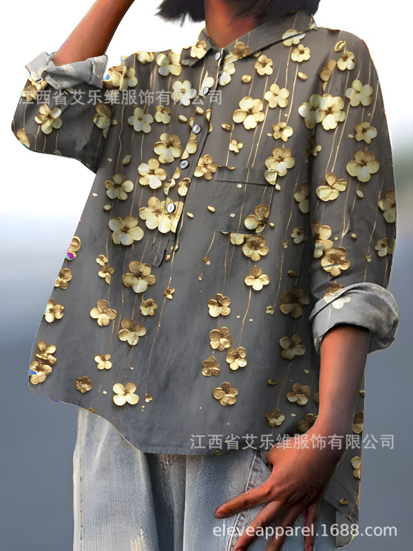 TK東南アジア越境貿易 夏 欧米風トレンド 長袖シャツ 花柄風 3Dデジタルプリント レディーストップス|undefined