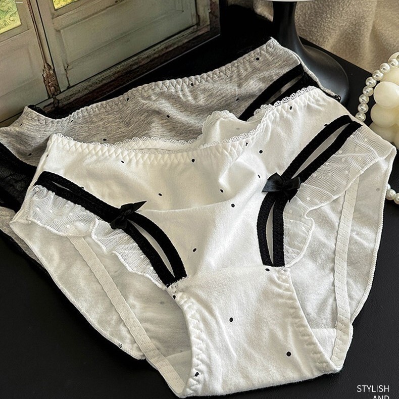 Chanel-Style Women's Cotton Lace Panties, Pure Cotton, Mid-Waist, Cute, Pure Desire Style, Young Girl Hip-Hugging, Breathable Briefs