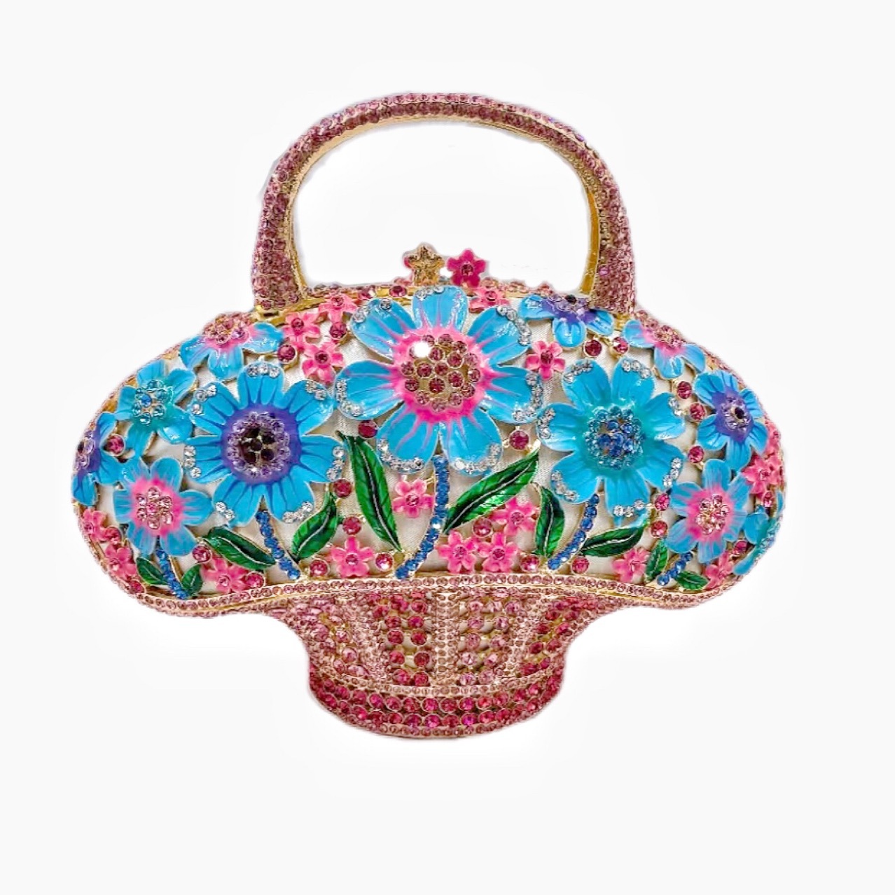 Túi clutch cầm tay giỏ hoa đính kim cương phong cách Hàn Quốc — Phấn màu/Hoa Hồng