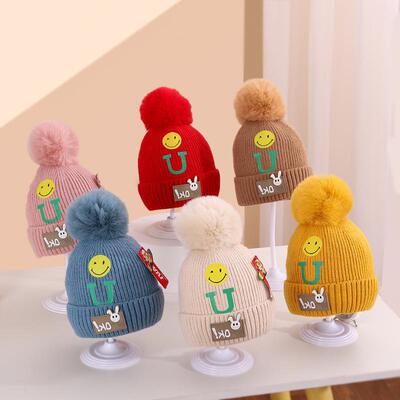 winter children Hat english Smiling face leisure time Versatile Wool Hat Boy girl Hair ball Knitted hat Student cap