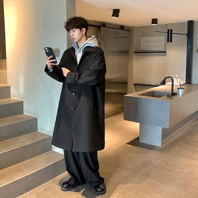 日本の春秋の襟をめくる風の服の男性の中で長いタイプの英倫の風のコートの潮流のゆったりしている通勤のレジャーのコートの韓国版|undefined