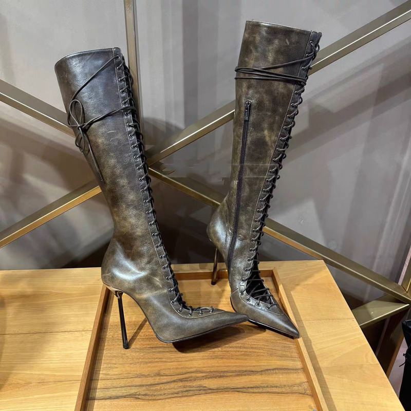 Cowhide Version ~ Brown Distressed Lace-Up Cut Out Boots Pointed Toe Stiletto High Boots High Heels European and American Sexy Women's Boots