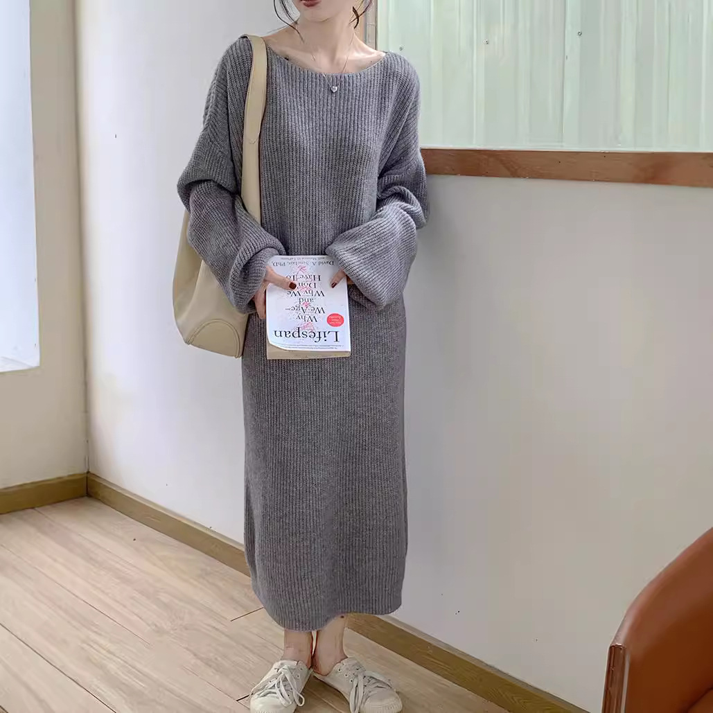 韩版宽松大版型显瘦复古秋冬百搭毛衣过膝长裙慵懒针织连衣裙女装
