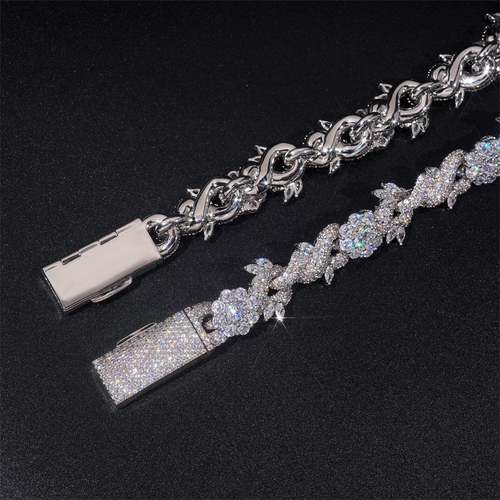 Set di bracciale e collana in rame stile hip hop con motivo floreale e zirconi 5A, gioielli in stile europeo e americano, 15 mm._voghion.com