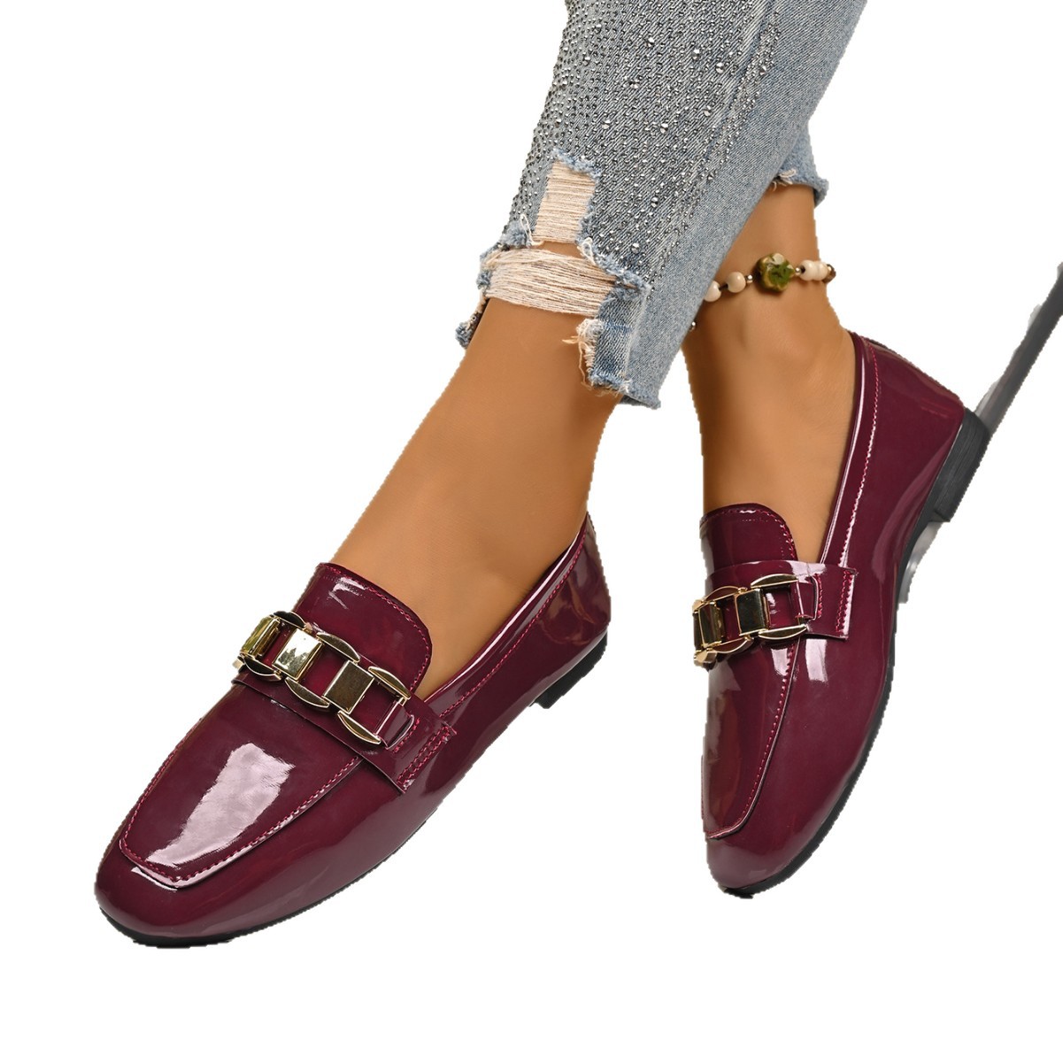 Women's Metal Chain Flat Loafers Autumn Casual Style Export Available New_vogvips.com