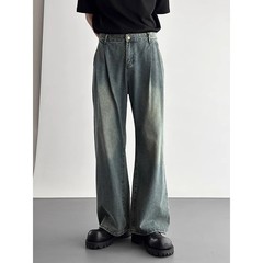 アメリカのレトロでシンプルな高級シワジーンズの男性用水洗いは古いゆったりとしたストレートの足のペンダント感のあるズボンを作ります。