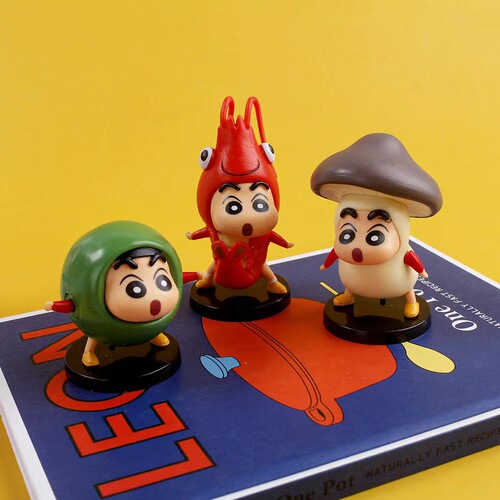 Q version solid PVC seafood ingredients Crayon Shin-chan 6-piece set with base, car ornaments, anime figure model