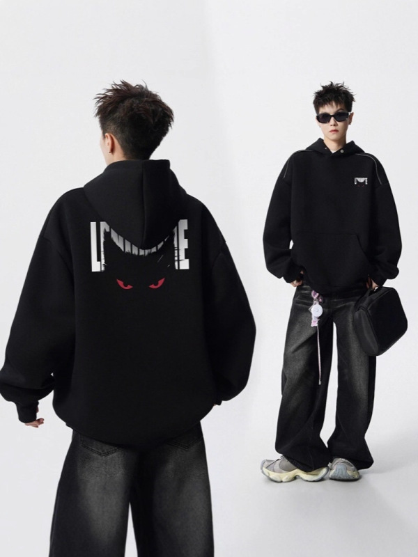 Black Devil Cat Print Hooded Sweatshirt for Men, Autumn American Style Heavy-Duty Regular Shoulder Top, Relaxed Fit Base Layer Black Devil Cat Print Hooded Sweatshirt for Men, Autumn American Style Heavy-Duty Regular Shoulder Top, Relaxed Fit Base Layer