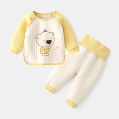 Newborn thermal underwear baby boneless pure cotton autumn clothes set baby clothes baby quilted high waist belly protection