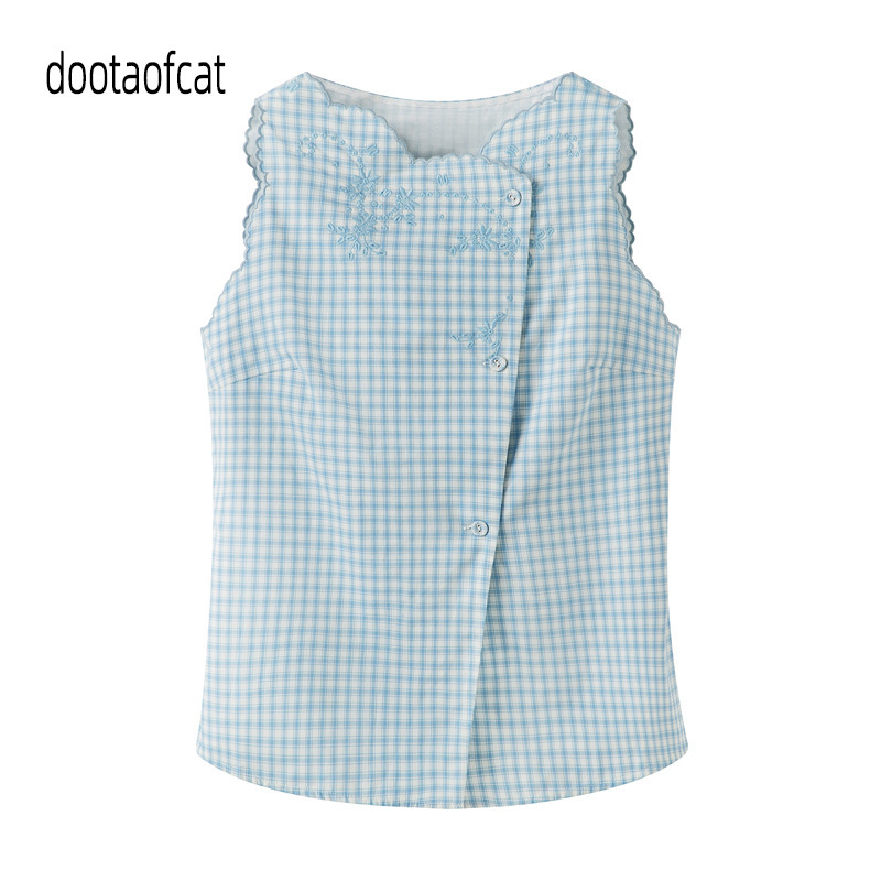 2026 Summer New Women's Clothing Side-Opening Plaid Embroidered Sleeveless Shirt Top Loose Lace 2K2Db70