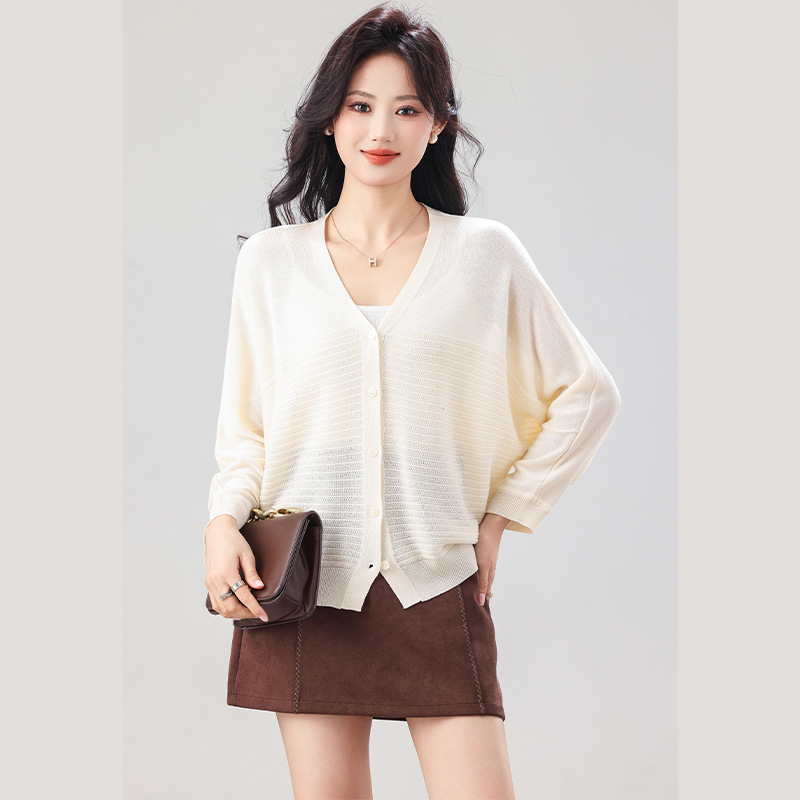 2026春夏新款韩版百搭冰丝单排扣针织开衫纯色大码女装长袖毛衣女