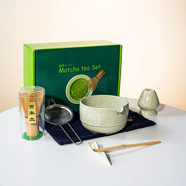 FJT Mushroom Straight Bowl Matcha Color 7-Piece Set (dark green color box + blue tea towel)