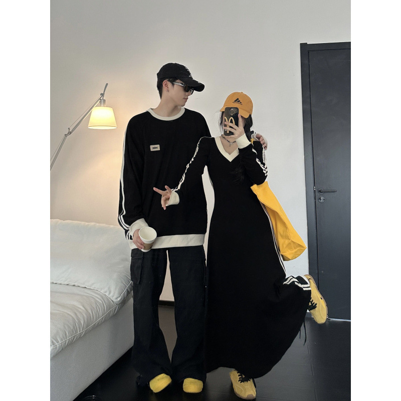 가을 2024 커플 원피스 봄과 가을 프랑스 간단한 긴 소매 원피스 허리 우아한 긴 원피스