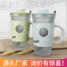 廣州市盛兆便利100廠家批發麥香秸稈杯蓋高硼硅玻璃杯帶手柄水杯