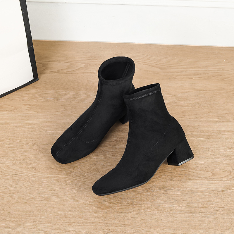 2025 New Autumn and Winter Style, Easy to Wear, Square Toe, Thick Heel, Suede High Heels, Elastic Slim Boots, Elegant Ankle-Length Short Boots for Women