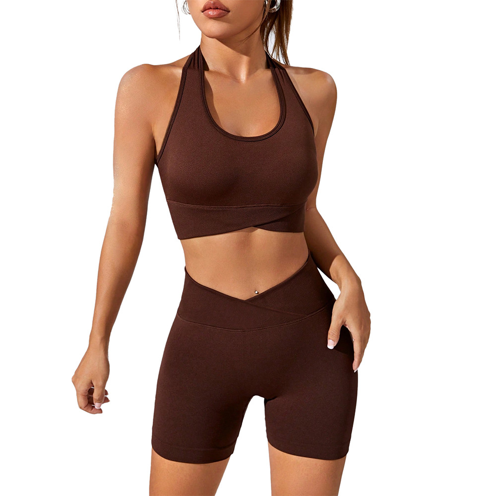 Nuevo punto sin costuras color sólido Cruz cintura fitness traje Halter deportes belleza espalda sujetador melocotón cadera levantamiento fitness Pantalones