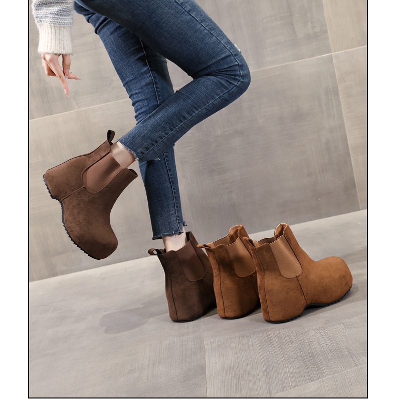 Boot Chelsea nữ cổ thun đế dày tăng chiều cao lót lông cừu mùa thu đông — Màu nâu chi tiết 14