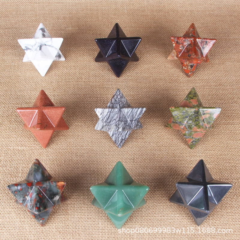 厂家批发原石梅尔卡巴摆件粉紫水晶青金石冥想立体六芒星摆件
