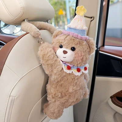 Car Tissue Box Hanging Bag Cute Bear Car Seat Back Hanging Type Creative Tissue Box Car Interior Decoration Supplies for Women (Car tissue box/set) - white-and-purple-hat-bear-paper-towel-hanging-bag